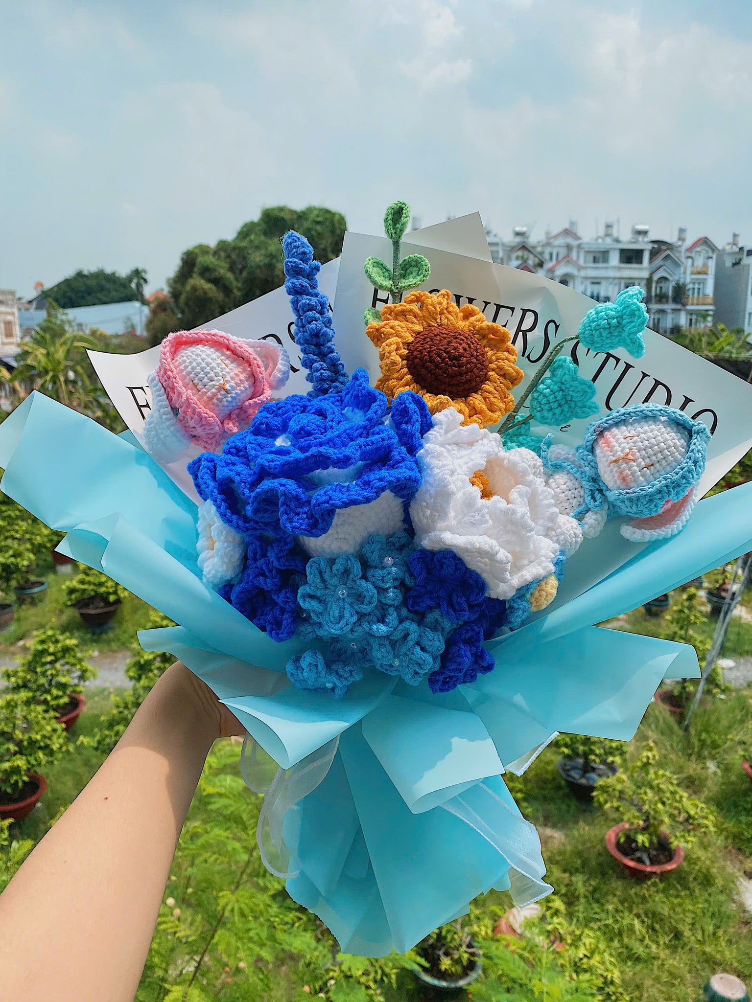 Handmade Beautiful Crochet Blue roses with two Bunnies Bouquet