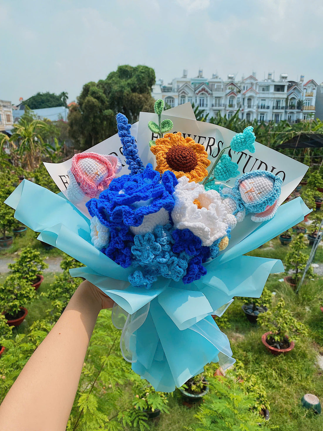 Handmade Beautiful Crochet Blue roses with two Bunnies Bouquet