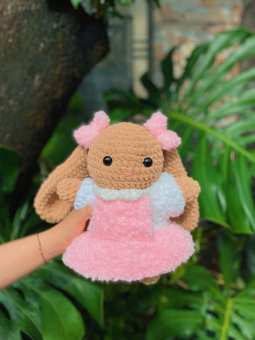 Handmade Beautiful Crochet Brown Bunny wearing Pink Dress