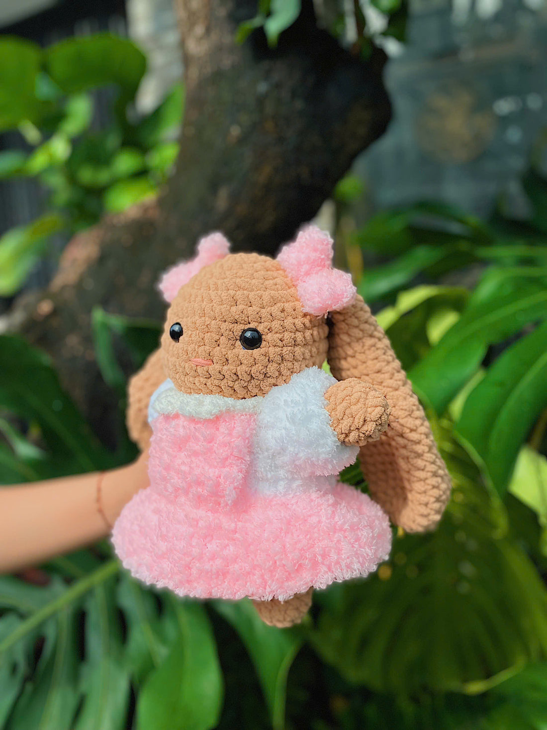 Handmade Beautiful Crochet Brown Bunny wearing Pink Dress