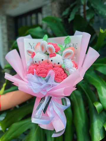 Handmade Beautiful Crochet Pink Bouquet with Bunny