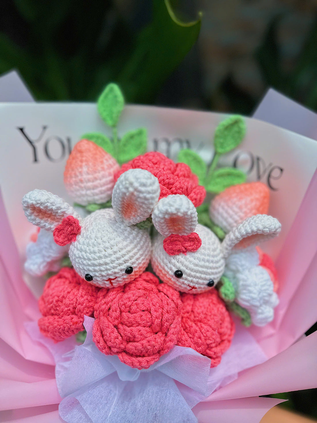 Handmade Beautiful Crochet Pink Bouquet with Bunny